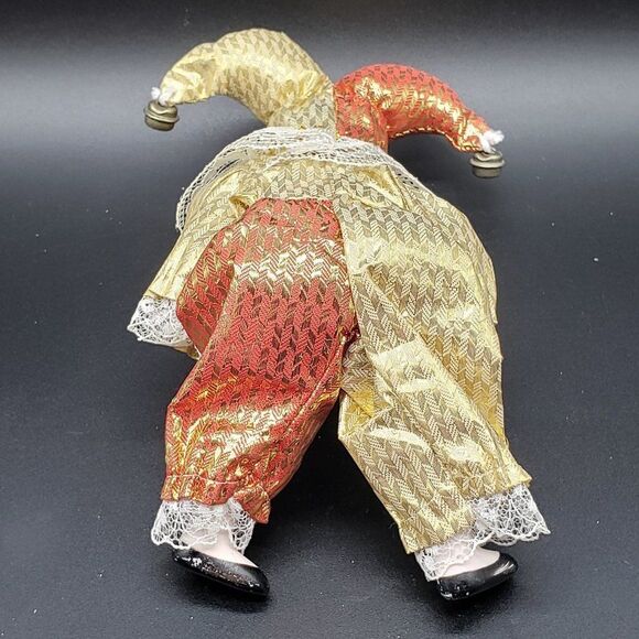 Vintage Bendable Porcelain Gold Red Lace Bells Harlequin Jester Clown Figurine - Picture 4 of 8
